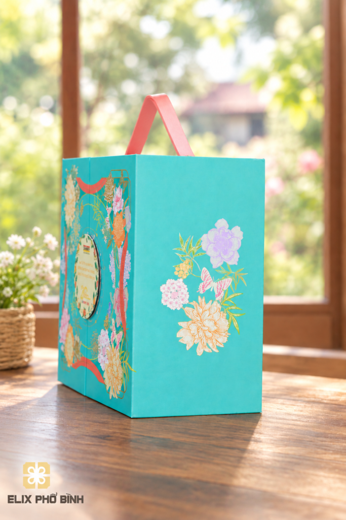 Hộp bánh trung thu được thiết kế nắp mở 2 cánh và được trang trí nhiều họa tiết đặc sắc