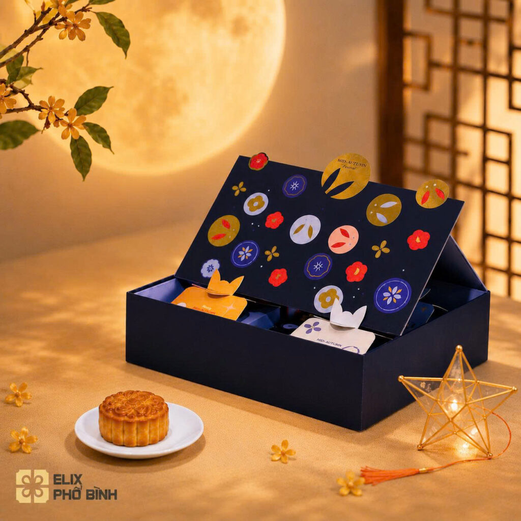 Mẫu hộp quà trung thu đước trang trí nhiều phụ kiện xinh xắn