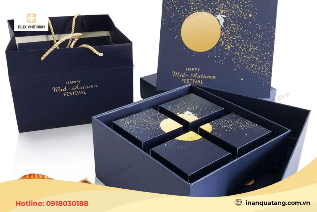 Mẫu hộp bánh trung thu cao cấp được thiết kế với tông màu xanh navy
