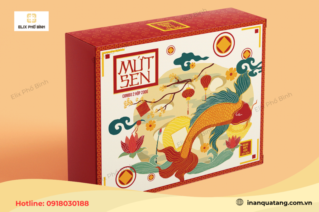 Mẫu hộp quà tết in với hai tông màu trắng - đỏ chủ đạo 